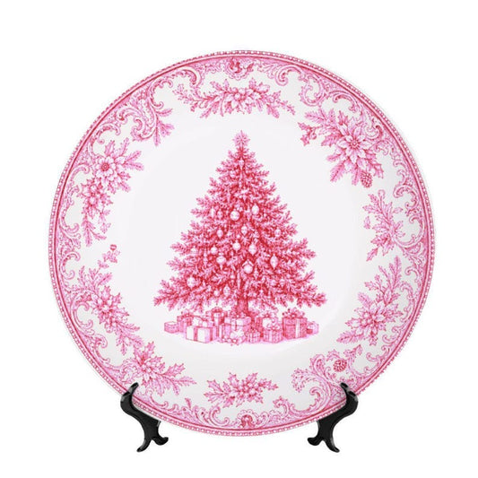 Elegant & Chic Christmas Decorative Plate | Festive Red Toile Tree Display Plate | Holiday Home Decor Wall Art