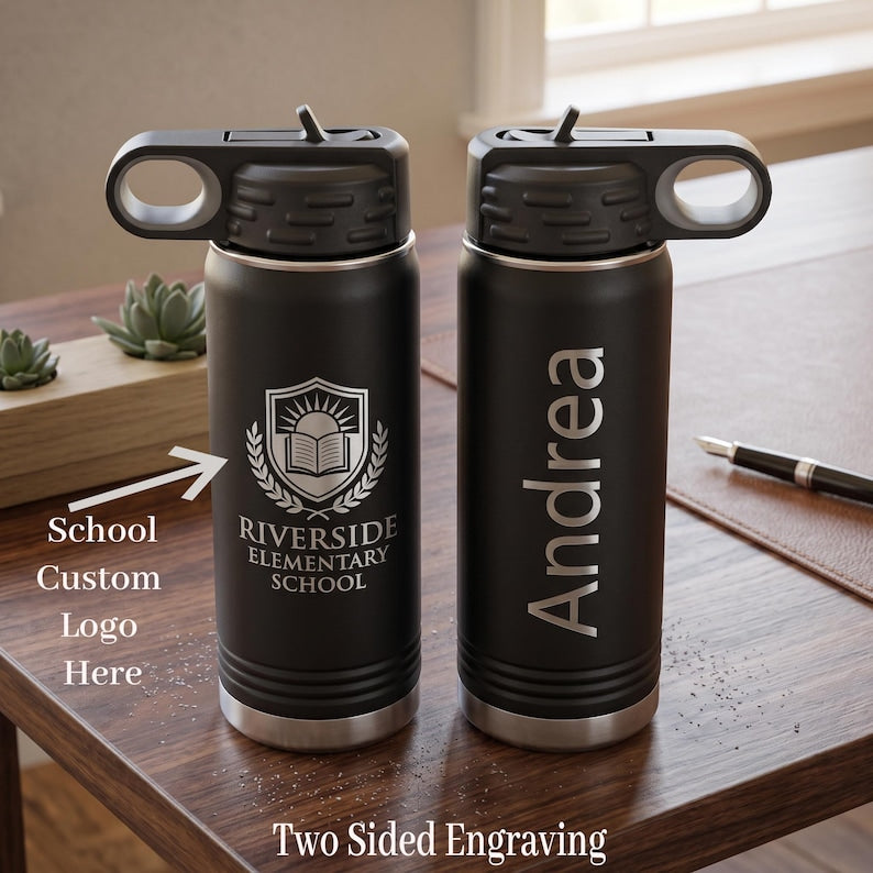 Personalized School Water Bottle, Custom Laser Engraved Stainless Steel Tumbler, Back to School Kids Tumbler