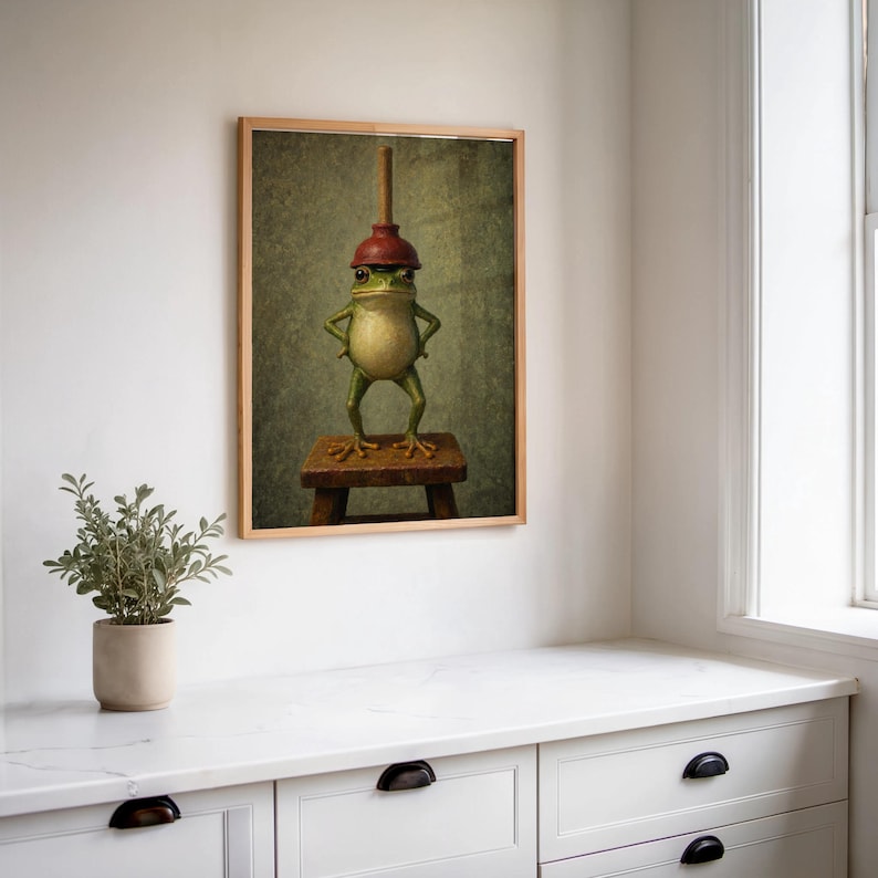 Funny Frog With Red Plunger Wall Art, Quirky Bathroom Print, Whimsical Restroom Decor, Vintage Funny Animal Toilet Loo Power Room Poster