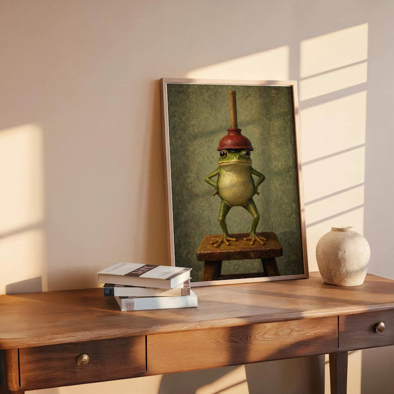 Funny Frog With Red Plunger Wall Art, Quirky Bathroom Print, Whimsical Restroom Decor, Vintage Funny Animal Toilet Loo Power Room Poster