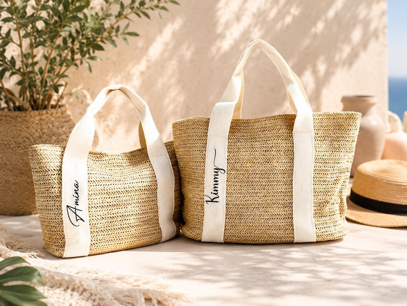 Monogram Straw Tote Bag, Personalized Initial Beach Bag, Custom Woven Shoulder Tote, Summer Gift for Women, Vacation Travel Bag