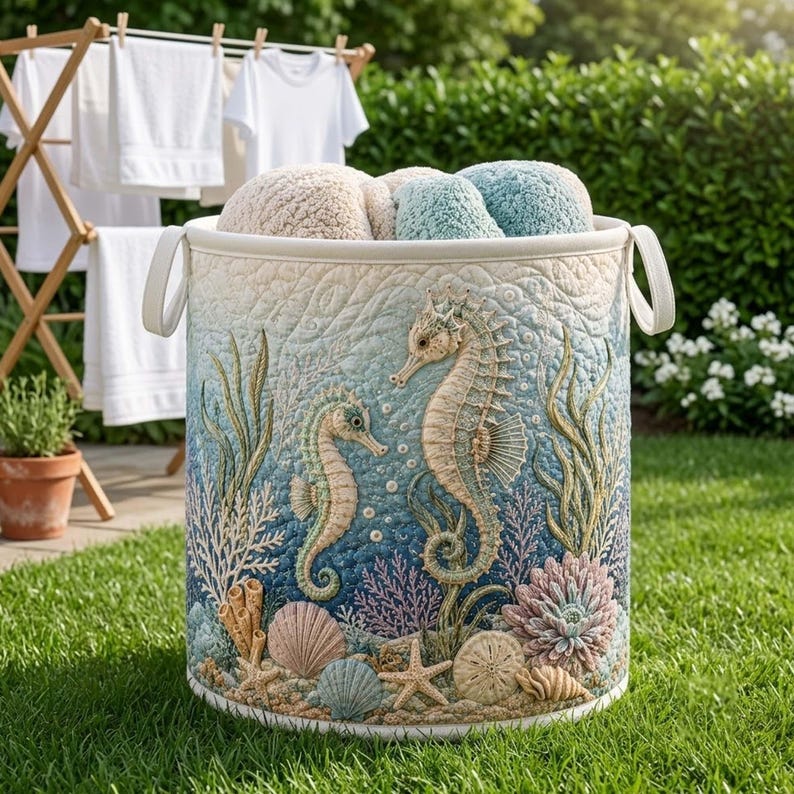 Coastal Seahorse Quilted Laundry Basket: Ocean Beach Storage Bin, Quilted Fabric Hamper