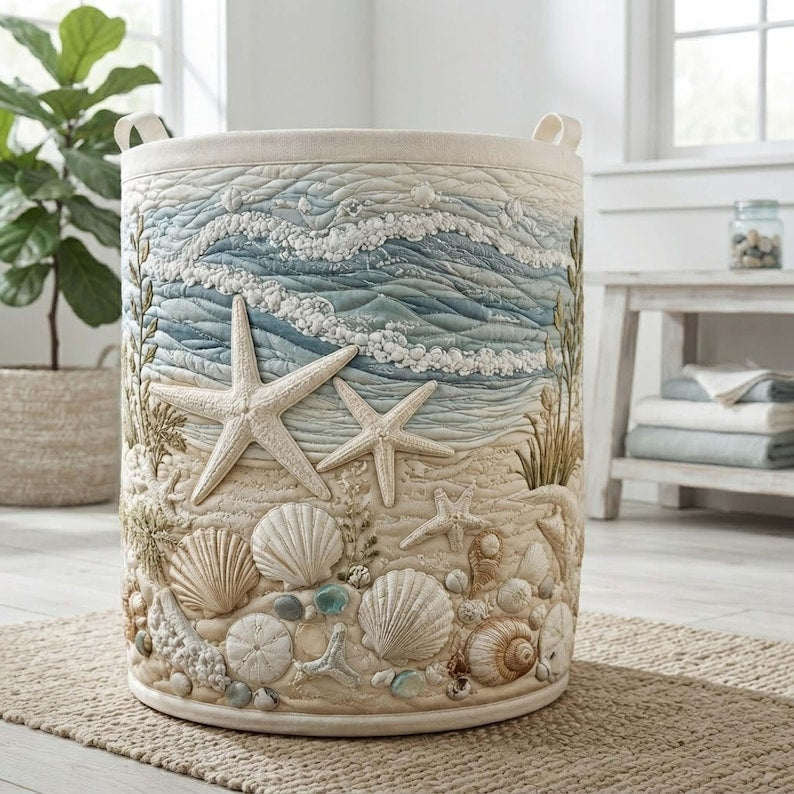 Coastal Charm Ocean Beach Quilted Laundry Basket: Nautical Sea Storage Bin, Quilted Fabric Hamper