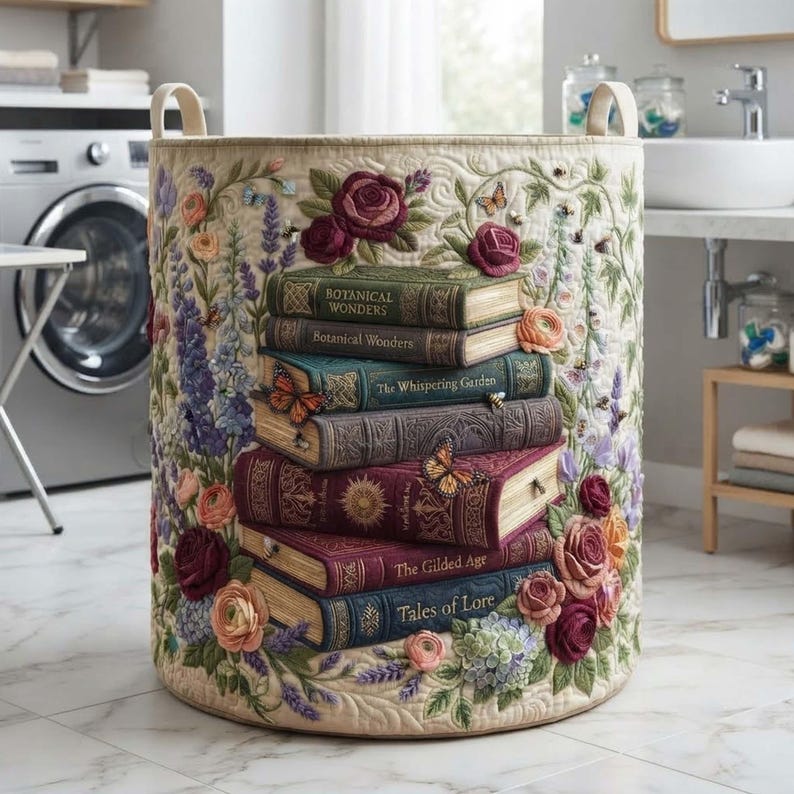 Garden Treasure Quilted Laundry Basket: Botanical Floral Storage Bin, Quilted Fabric Hamper