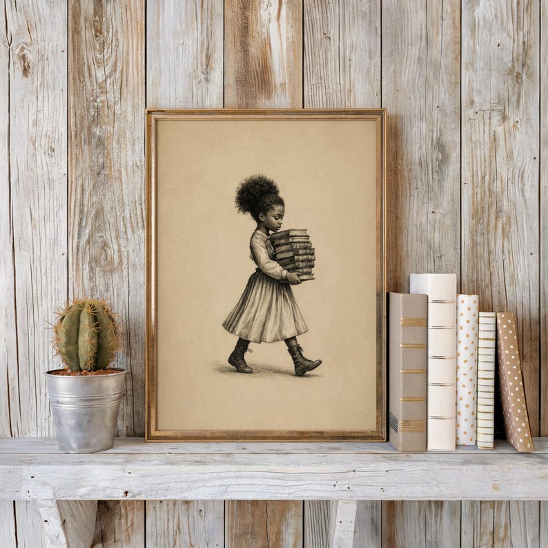 Black Girl Carrying Books Wall Art, Retro Book Lover Print, Vintage Library Book Nook Poster, Reading Room Decor, Afrocentric storybook