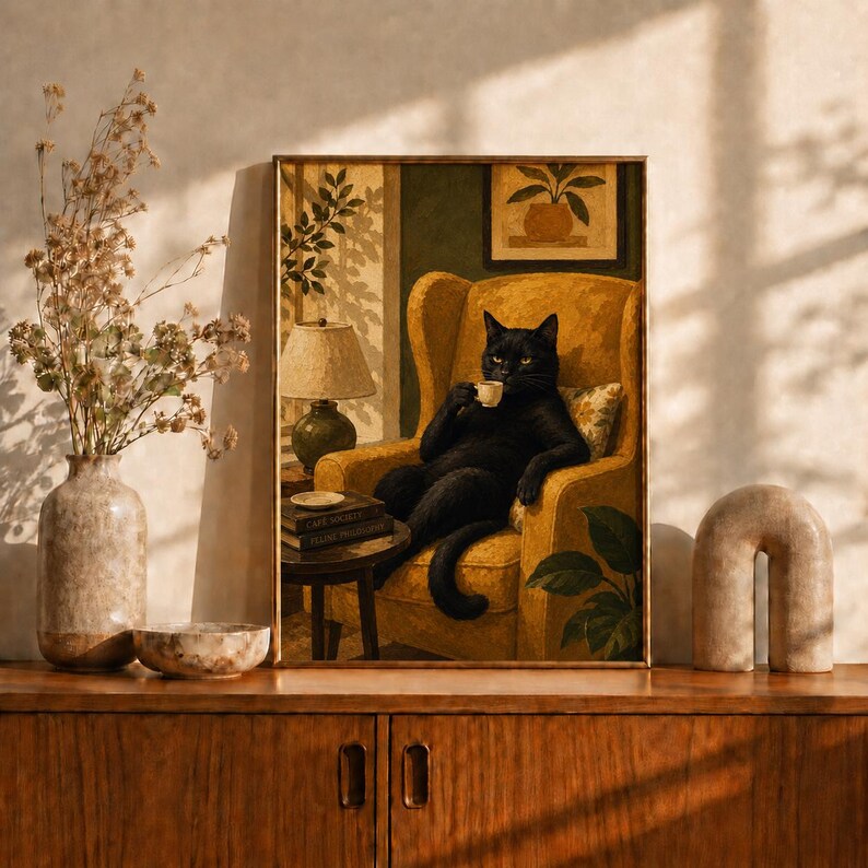 Black Cat Espresso Oil Painting Art, Cat in Armchair Poster, Dark Academia Wall Decor, Coffee Bar Print, Vintage Cat Lover Gift Idea