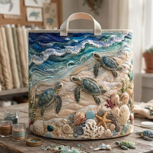 Turtle Sea Quilted Laundry Basket: Coastal Ocean Marine Life Storage Bin, Quilt Fabric Hamper