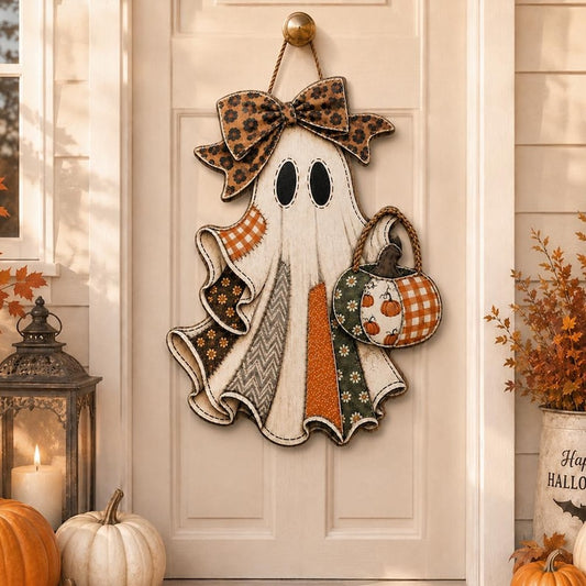 Halloween Ghost Door Hanger, Rustic Patchwork Door Sign, Primitive Fall Home Decor, Spooky Front Door Decor, Halloween Gift