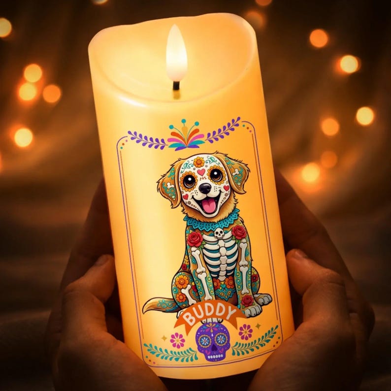 Personalized Day of Dead Pet Candle, Custom Dog Portrait, Memorial Gift for Pet Lovers
