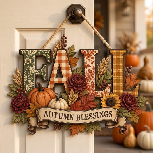 Fall Door Hanger, Autumn Blessings Wood Sign, Pumpkin Sunflower Front Door Decor, Rustic Thanksgiving Wreath Decor