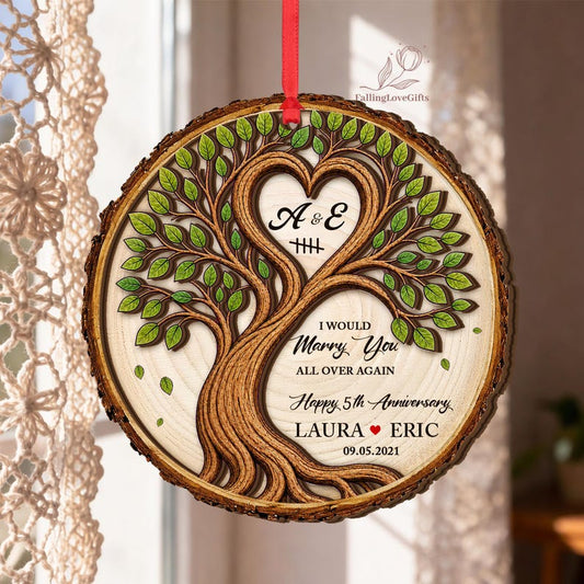 Personalized 5th Anniversary 2Layer Wooden Ornament, Wood Anniversary Gift For Couples, 3D Wood Ornament, Gift For Him Her, Wedding Ornament