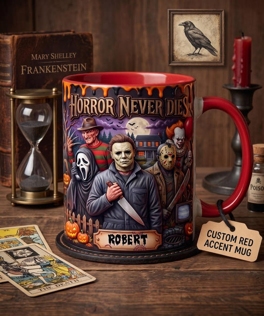 Horror Never Dies Halloween Mug, Spooky Classic Movie Coffee Cup, Gothic Horror Fan Gift