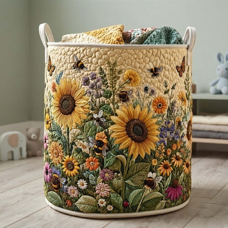 Sunflower Quilted Laundry Basket: Botanical Yellow Flower Storage Bin, Quilt Fabric Hamper
