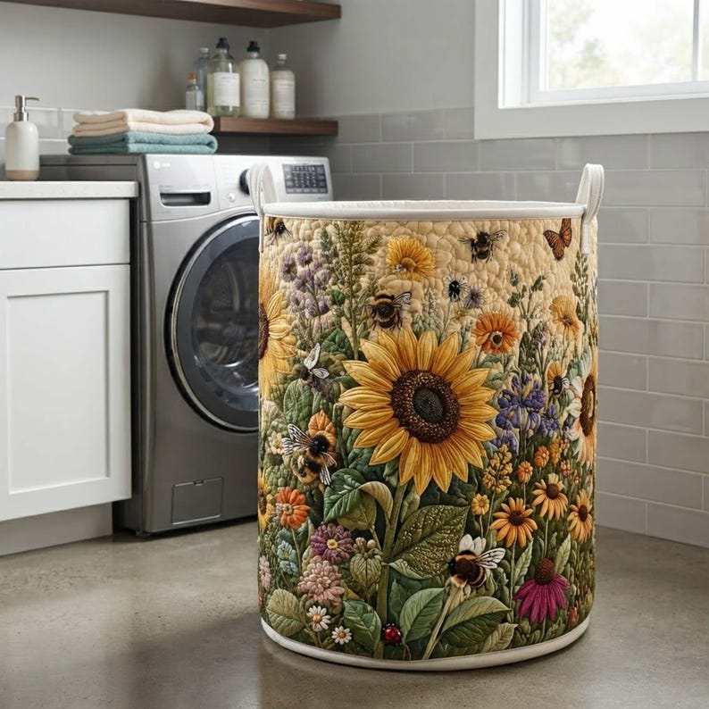 Sunflower Quilted Laundry Basket: Botanical Yellow Flower Storage Bin, Quilt Fabric Hamper