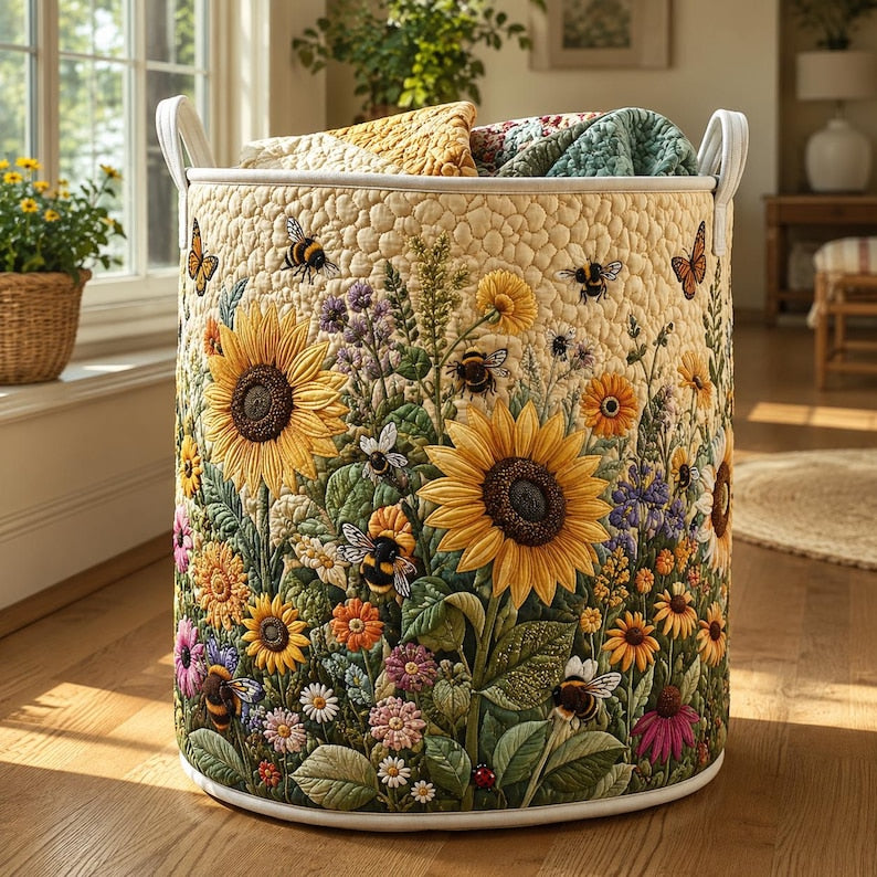 Sunflower Quilted Laundry Basket: Botanical Yellow Flower Storage Bin, Quilt Fabric Hamper