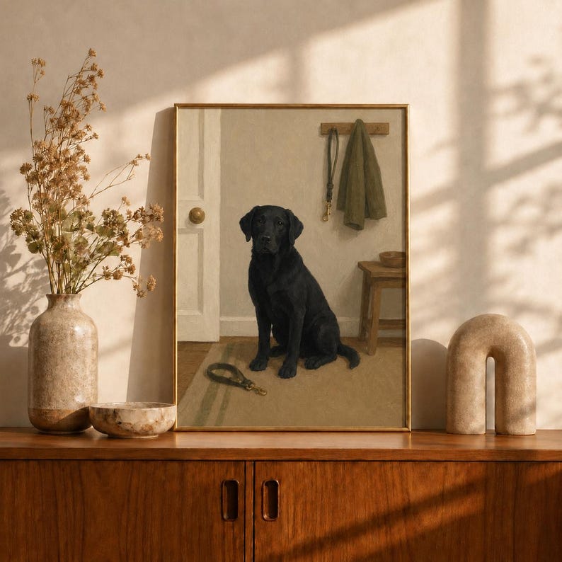 Black Labrador Oil Painting Poster, Lab Waiting by Door with Leash Print, Neutral Entryway Wall Art, Vintage Mudroom Decor, Dog Lover Gift