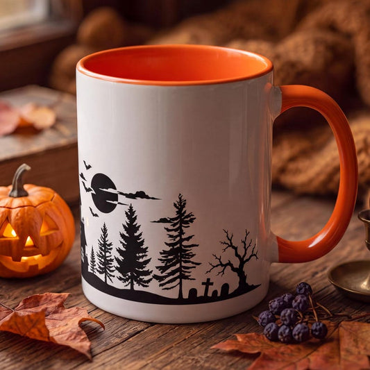 Minimalist Halloween Mug, Haunted House Coffee Mug, Spooky Forest Mug, Ghost Halloween Cup, Fall Coffee Mug, Gothic Mug Gift