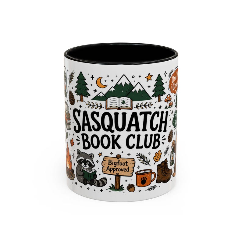 Sasquatch Book Club Mug, Bigfoot Coffee Mug, Funny Book Lover Gift, Reader Mug Gift, Cryptid Mug, Books and Campfires Mug, Forest Reads