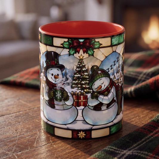 Snowman Christmas Mug, Stained Glass Snowman Mug, Cozy Winter Coffee Mug, Vintage Christmas Cup, Snowman Village Mug, Cute Holiday Gift