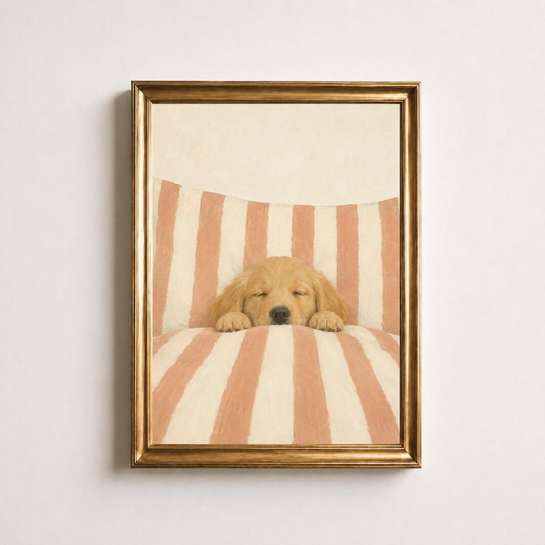 Sleeping Golden Retriever Oil Painting, Puppy in Bed Print, Peach Nursery Wall Art, Boho Bedroom Decor, Vintage Dog Poster, Puppy Lover Gift