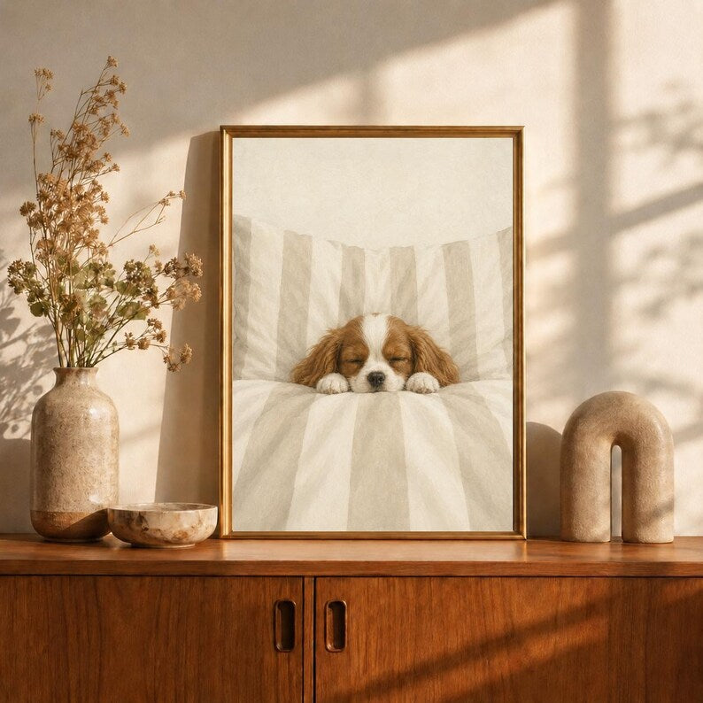 Sleeping Cavalier Spaniel Oil Painting, Puppy in Bed Print, Beige Nursery Wall Art, Neutral Bedroom Decor, Vintage Dog Print, Puppy Gift