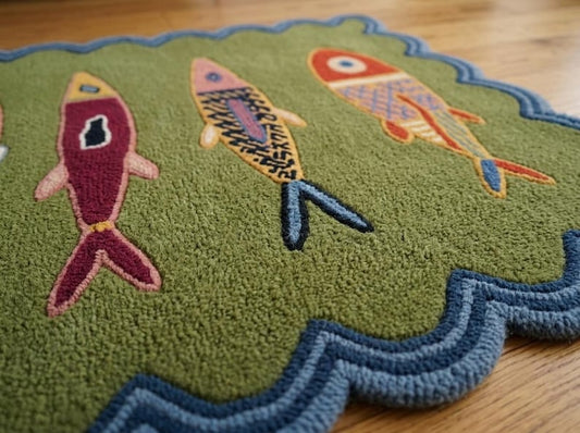 Koi Fish Runner Rug | Hand Tufted Tribal Hallway Kitchen Decor | Fish Motif Entryway carpet
