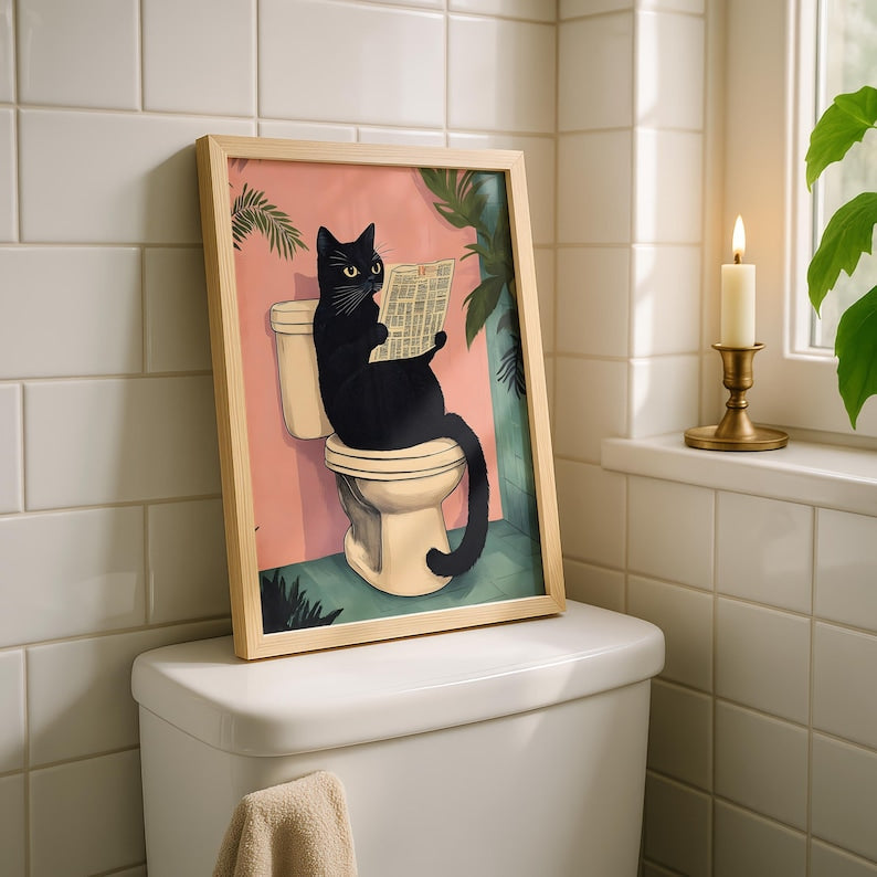 Black Cat Bathroom Art Print - Funny Home Decor - Prints for bathroom - Shower Wall Art - Bathroom Wall Decor