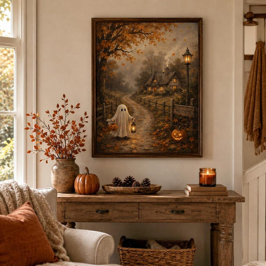 Vintage Halloween Ghost Wall Art, Autumn Pumpkin Patch Poster, Cozy Cottagecore Fall Decor, Spooky Season Print, Halloween Gift