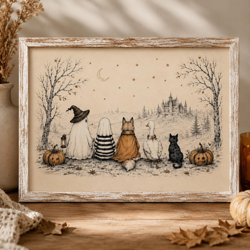 Whimsical Halloween Friends Wall Art, Ghost Fox Goose and Black Cat Poster, Vintage Cottagecore Fall Decor, Spooky Season Print
