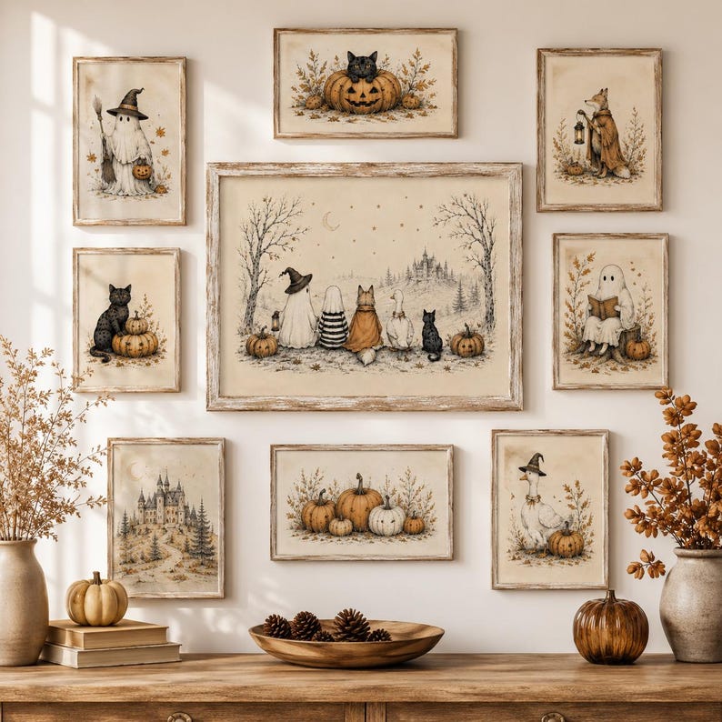 Whimsical Halloween Friends Wall Art, Ghost Fox Goose and Black Cat Poster, Vintage Cottagecore Fall Decor, Spooky Season Print