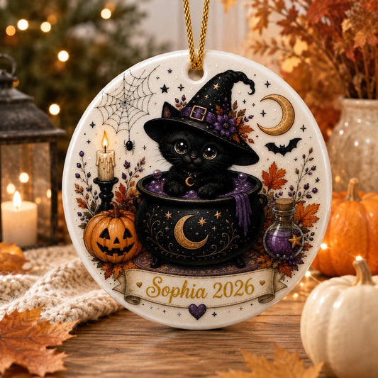 Custom Black Cat Halloween Ceramic Ornament, Halloween Cat Wooden , Skull, Black Cat, Primitive Halloween Decor, Housewarming Gift