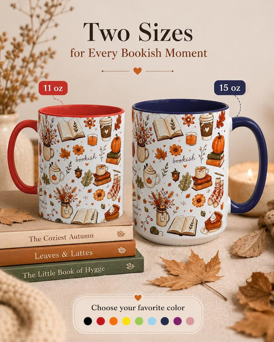 Autumn Book Lover Mug, Cozy Reading Coffee Cup, Cottagecore Fall Pattern