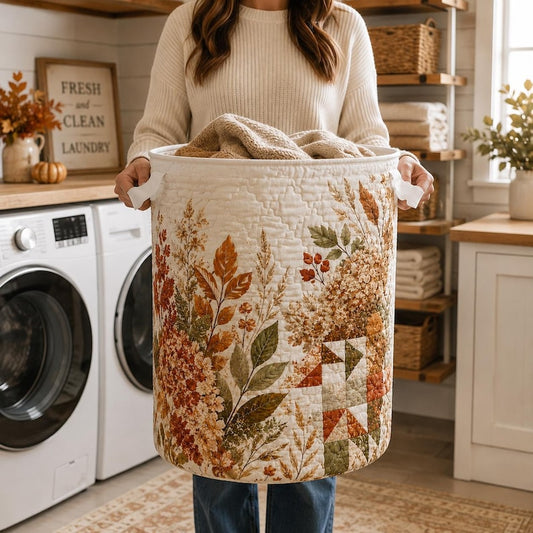 Quilted Laundry Basket, Fall Leaves Hamper, Autumn Farmhouse Storage Basket, Bedroom Organizer, Laundry Room Decor, Rustic Fall Home Decor
