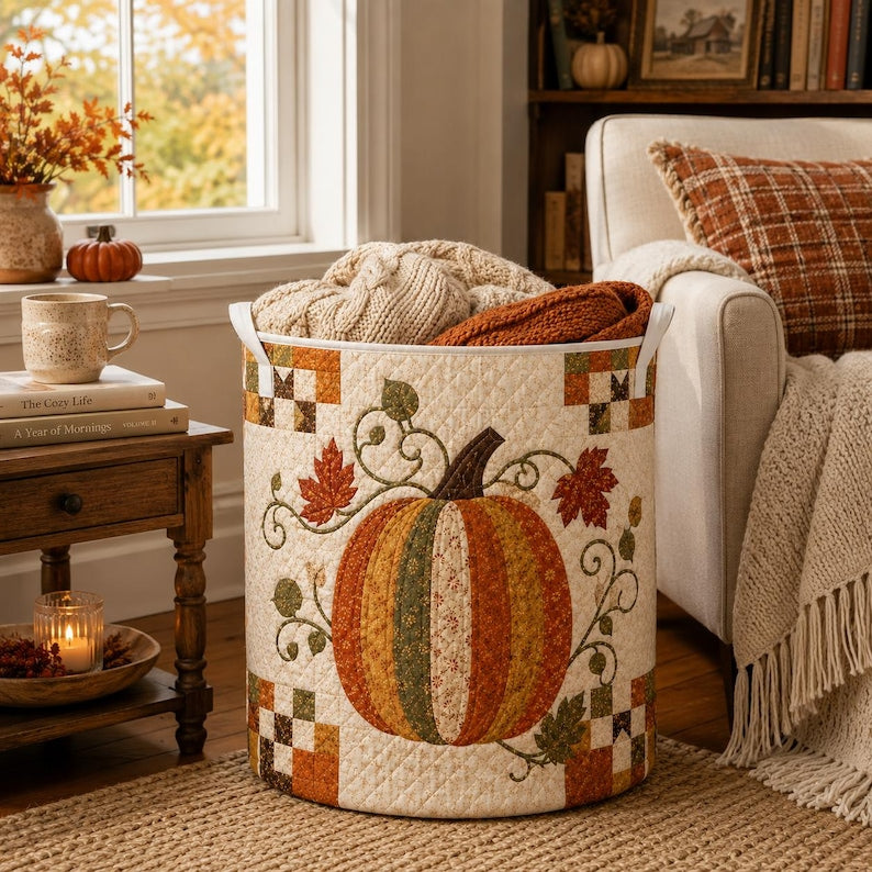 Quilted Laundry Basket, Fall Pumpkin Hamper, Autumn Leaf Storage Basket, Farmhouse Laundry Room Decor, Bedroom Organizer, Rustic Fall Decor