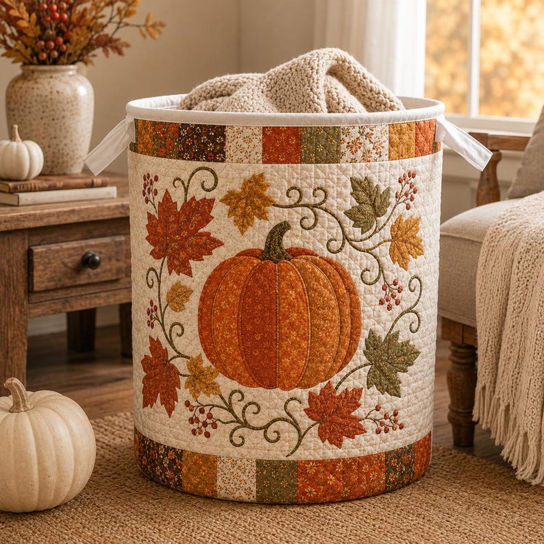 Quilted Laundry Basket, Fall Pumpkin Hamper, Autumn Leaf Storage Basket, Farmhouse Laundry Room Decor, Bedroom Organizer, Rustic Fall Decor
