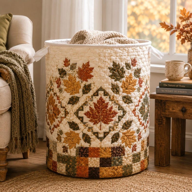 Quilted Laundry Basket, Fall Leaf & Pumpkin Hamper, Autumn Farmhouse Storage Basket, Laundry Room Decor, Bedroom Organizer, Fall Home Decor