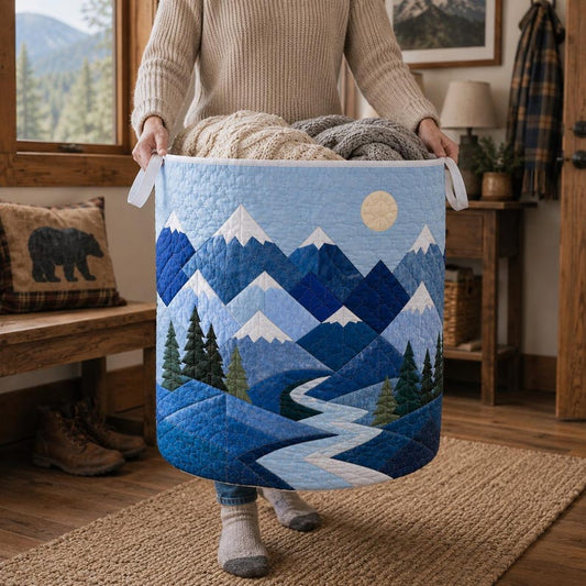 Quilted Laundry Basket, Mountain Landscape Hamper, Cabin Storage Basket, Rustic Bedroom Organizer, Lodge Home Decor, Blanket Storage