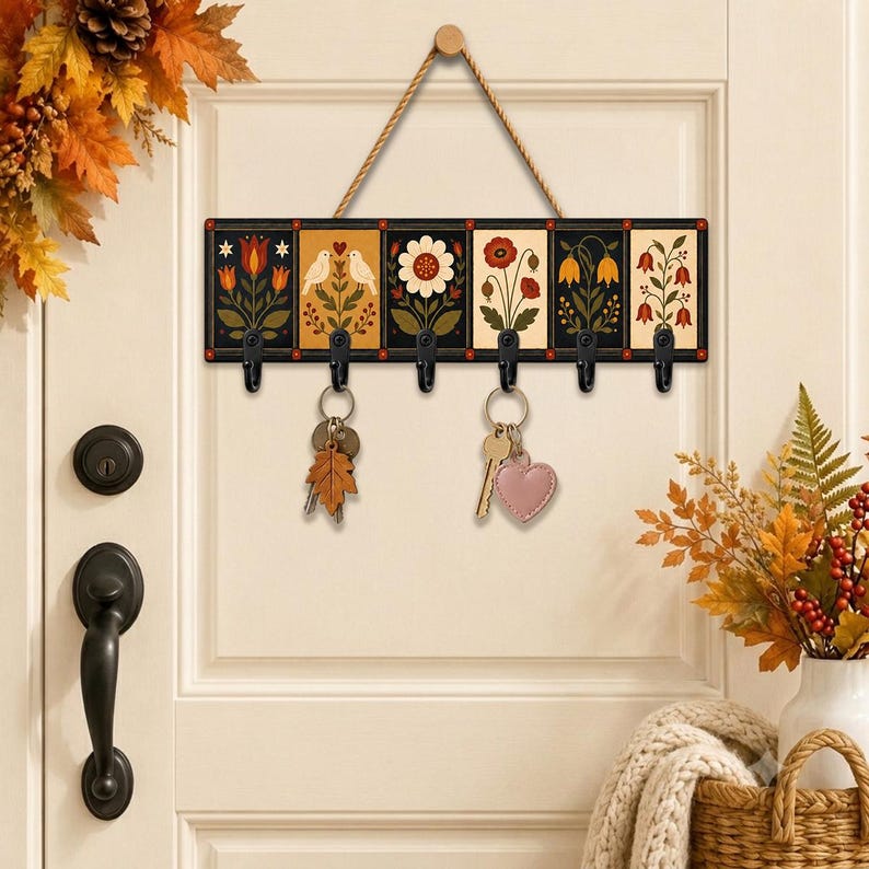Folk Art Botanical Floral Wooden Key Holder: Scandinavian Bird Wall Hook, Vintage Decor Gift
