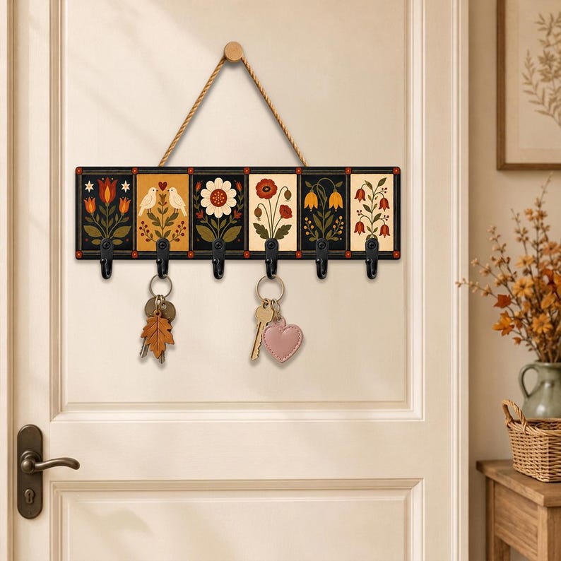 Folk Art Botanical Floral Wooden Key Holder: Scandinavian Bird Wall Hook, Vintage Decor Gift