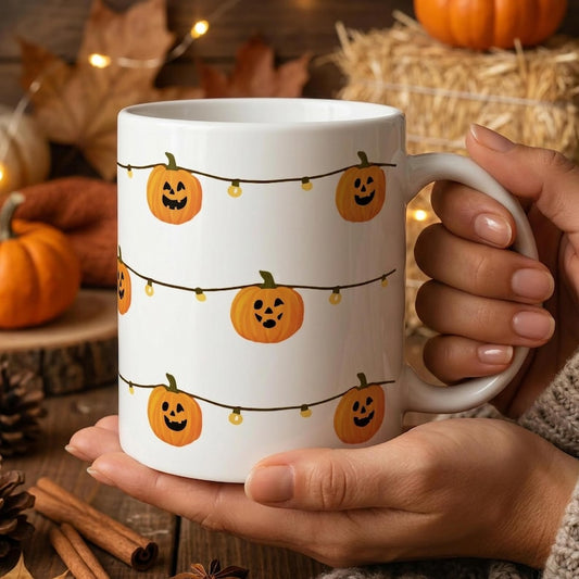 Jack O Lantern String Lights Mug, Cute Halloween Pumpkin Coffee Cup, Halloween Gift For Her, Spooky Season Mug, Cute Pumpkin Halloween Gift
