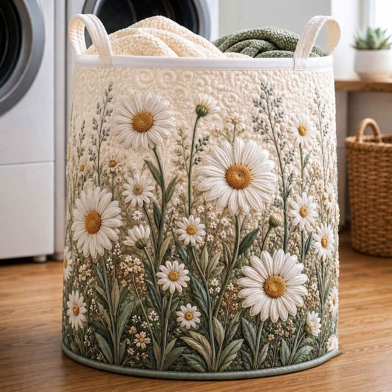 Daisy Quilted Laundry Basket: Botanical Floral Storage Bin, Daisy Flower Fabric Hamper