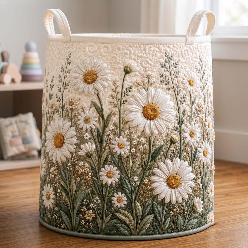 Daisy Quilted Laundry Basket: Botanical Floral Storage Bin, Daisy Flower Fabric Hamper
