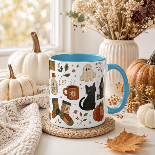 Faux Patchwork Halloween Mug, Witchy Black Cat Pumpkin Coffee Cup, Cottagecore Folk Art
