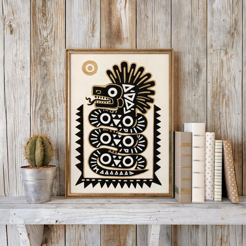 Quetzalcoatl Print, Traditional Mexican Folk Art, Aztec Serpent Wall Decor, Indigenous Latin Mythology Poster, Mexico Tribal Snake Gift