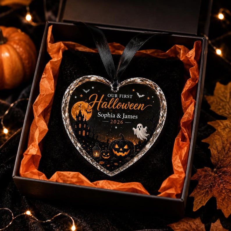 Our First Halloween Ornament, Personalized Couple Heart Keepsake with Custom Names and Year, Spooky Haunted House Pumpkin Ghost Gift 2026