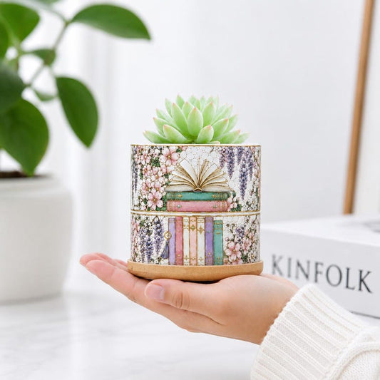 Floral Bookish Stained-Glass Style Plant Pot, Book Lover Gift, Bookish Gift For Reader, Library Decor, Librarian Bookworm Gift for Reader