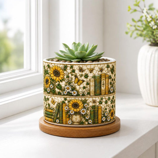Sunflower Stained Glass Style Plant Pot, Floral Bookshelf Decor, Reader Gift, Sunflower Library Decor, Butterfly Nature Birthday Present