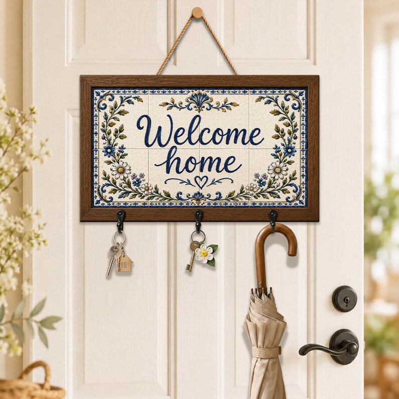 Welcome Home Wood Key Holder, Personalized Farmhouse Entryway Organizer Hooks