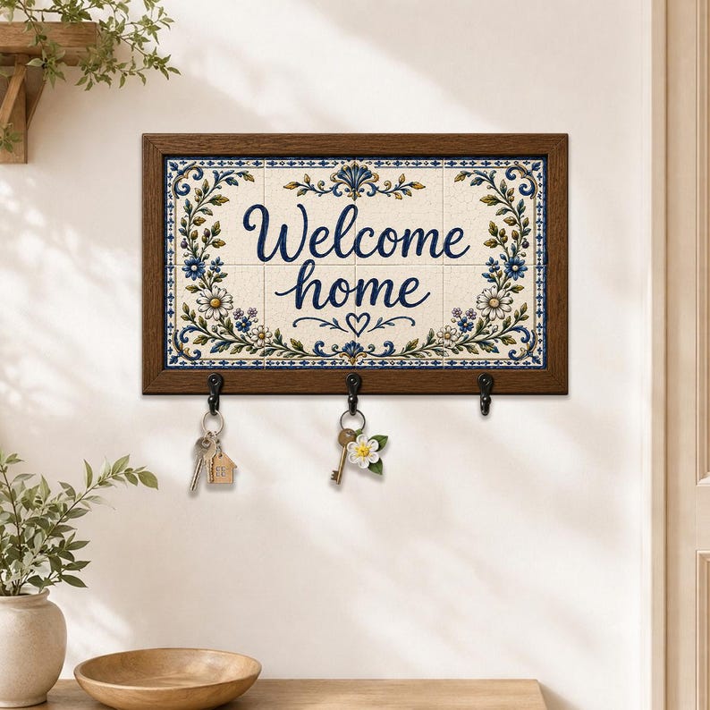 Welcome Home Wood Key Holder, Personalized Farmhouse Entryway Organizer Hooks