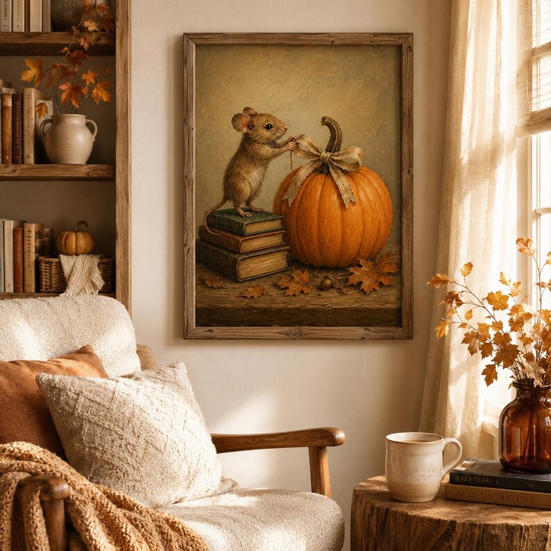 Autumn Mouse Wall Art, Cute Mouse and Pumpkin Poster, Vintage Style Fall Print, Cozy Cottagecore Decor, Gift for Book Lovers